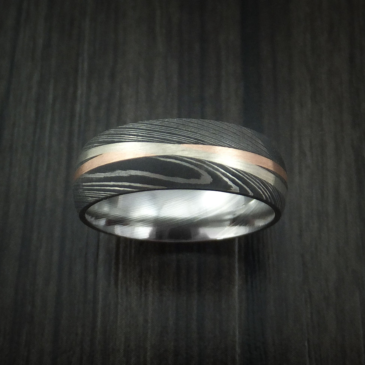 Everest X - Damascus Steel Men's Ring with Diagonal 14K Rose Gold and White Gold Inlays Wedding Ring - view 2 - Nura Lab