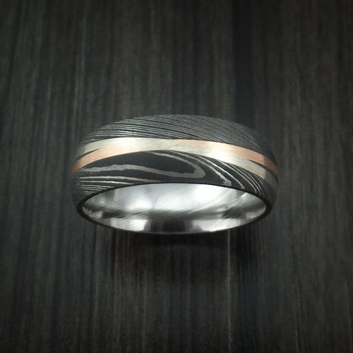 Everest X - Damascus Steel Men's Ring with Diagonal 14K Rose Gold and White Gold Inlays Wedding Ring - view 2 - Nura Lab