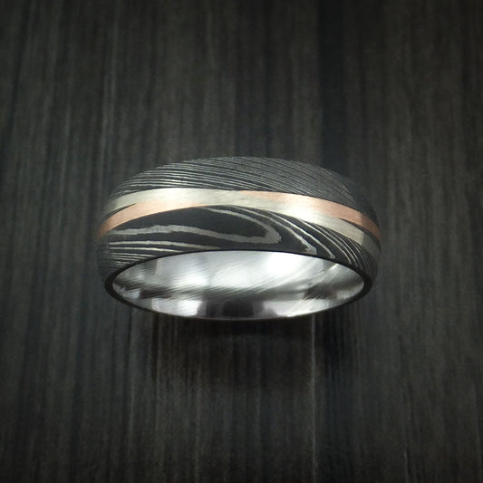 Everest X - Damascus Steel Men's Ring with Diagonal 14K Rose Gold and White Gold Inlays Wedding Ring - view 2 - Nura Lab