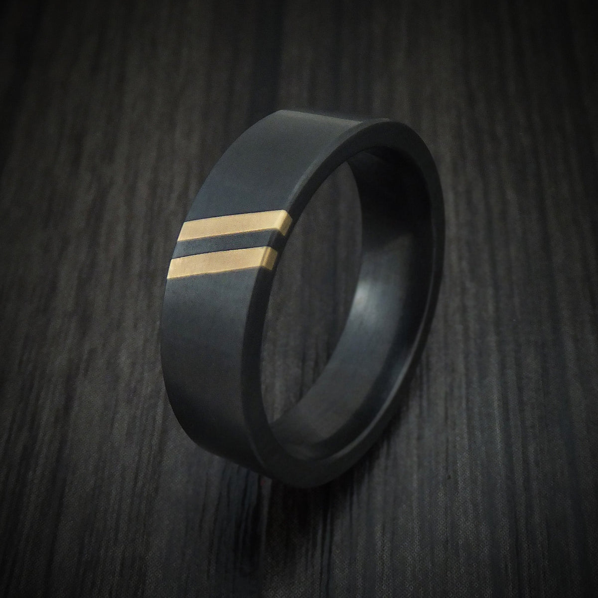 Heritage XVII - Black Zirconium Men's Wedding Ring with Double Angled 22K Gold Inlays - view 4 - Nura Lab