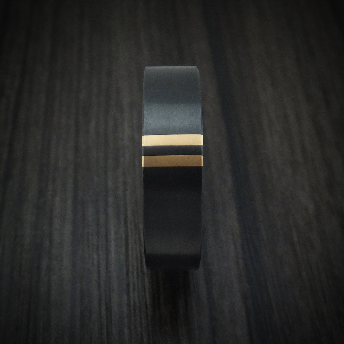 Waitakere XVII - Black Zirconium Men's Wedding Ring with Double 14K Gold Inlays - view 3 - Nura Lab