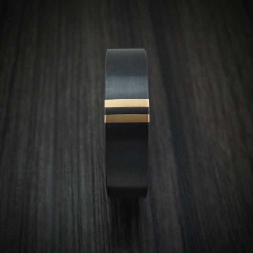 Waitakere XVII - Black Zirconium Men's Wedding Ring with Double 14K Gold Inlays - view 3 - Nura Lab