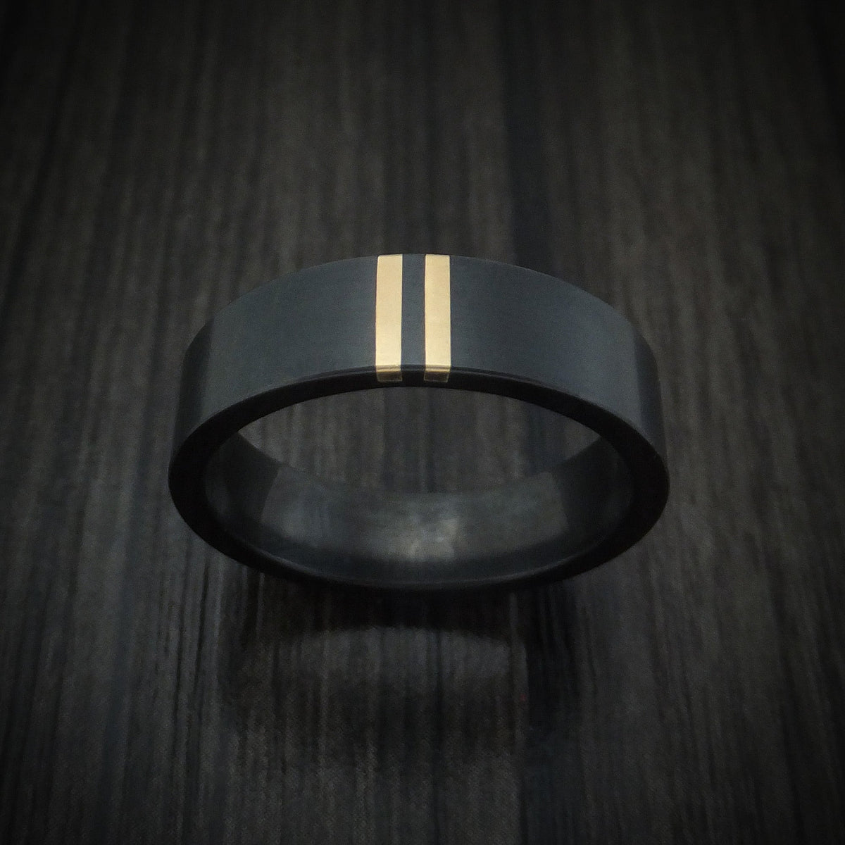 Waitakere XVII - Black Zirconium Men's Wedding Ring with Double 14K Gold Inlays - view 2 - Nura Lab