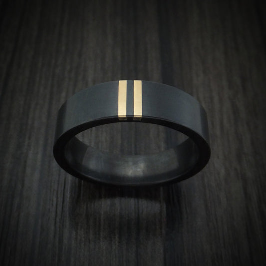 Waitakere XVII - Black Zirconium Men's Wedding Ring with Double 14K Gold Inlays - view 2 - Nura Lab
