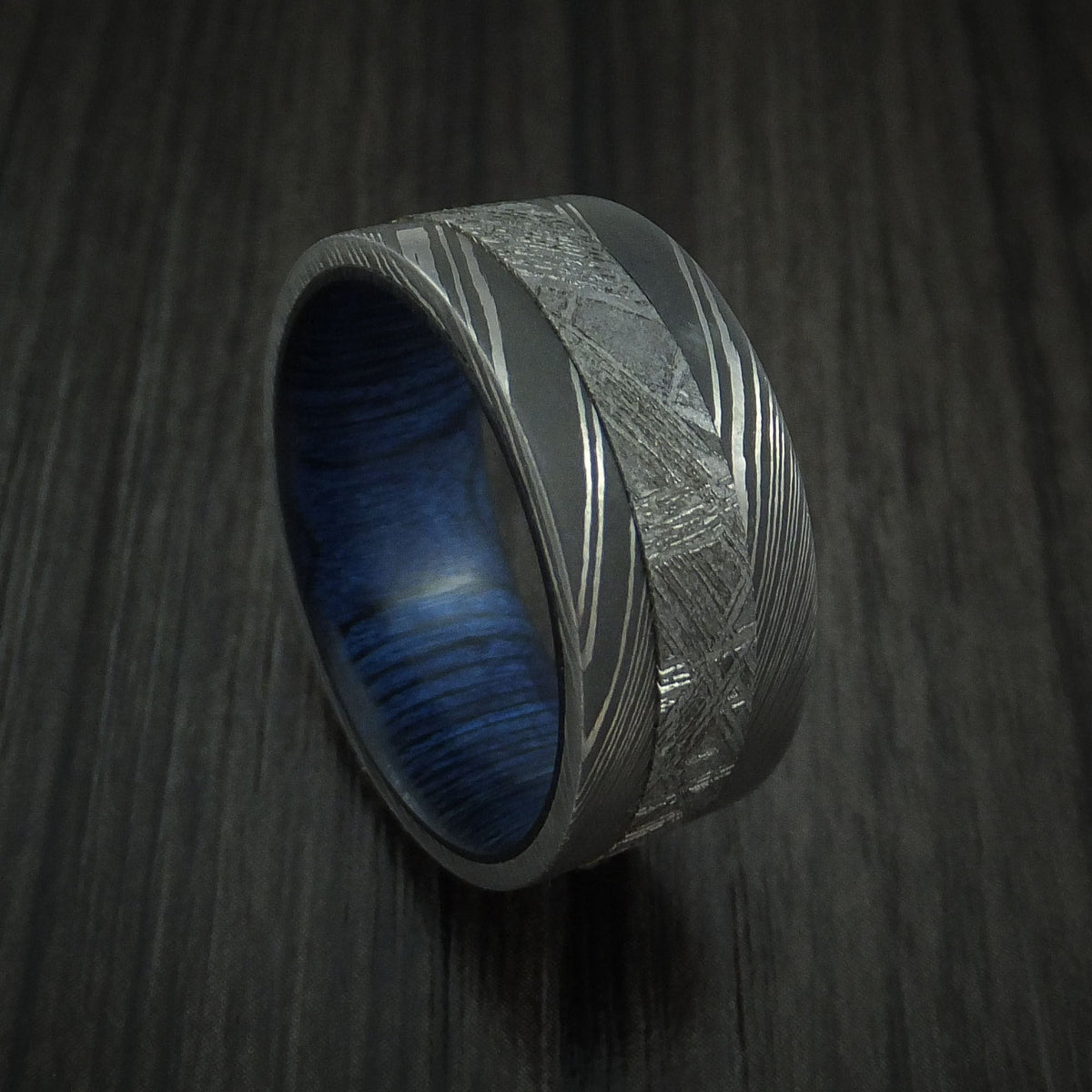Echelon IX - Damascus Steel Men's Wedding Ring with Gibeon Meteorite and Hardwood Sleeve Band - Nura Lab