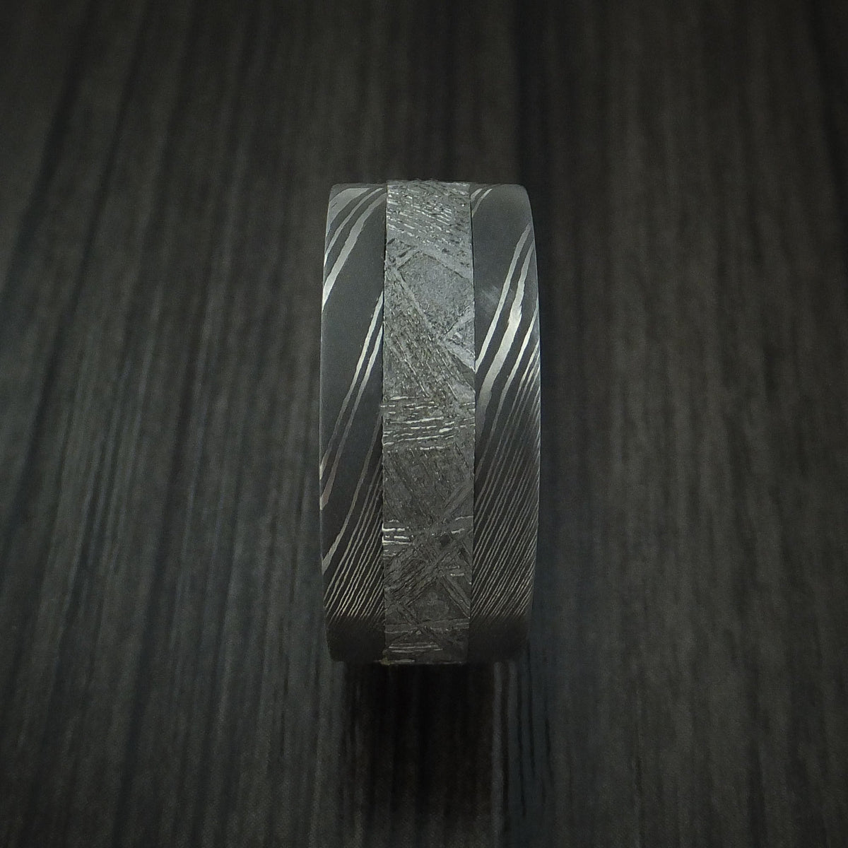 Echelon IX - Damascus Steel Men's Wedding Ring with Gibeon Meteorite and Hardwood Sleeve Band - view 3 - Nura Lab