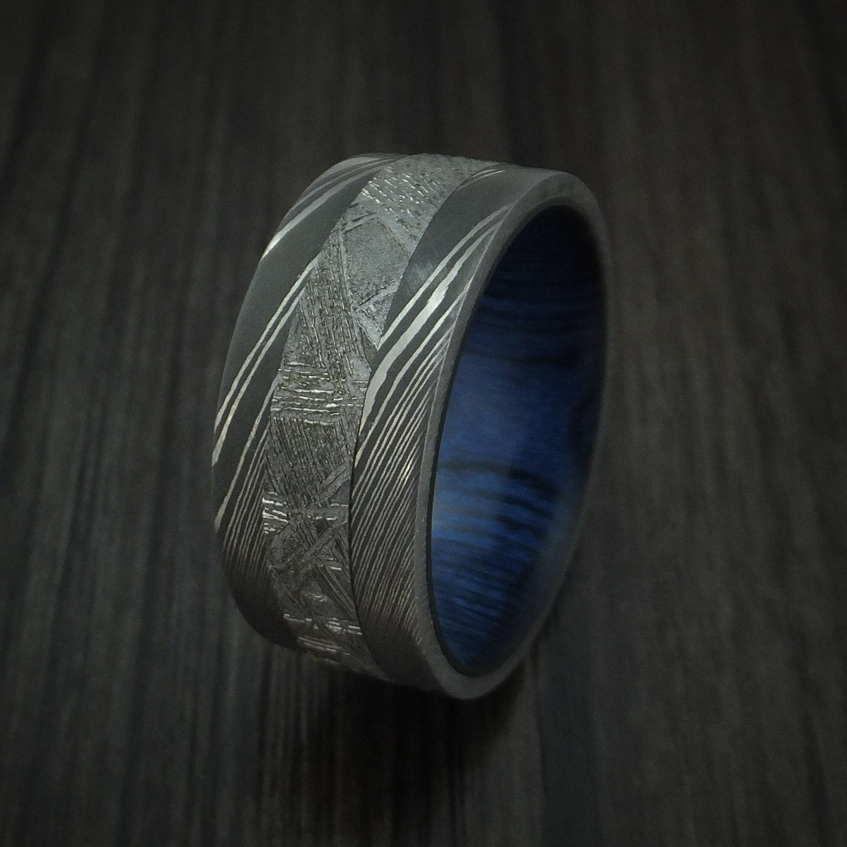 Echelon IX - Damascus Steel Men's Wedding Ring with Gibeon Meteorite and Hardwood Sleeve Band - view 4 - Nura Lab