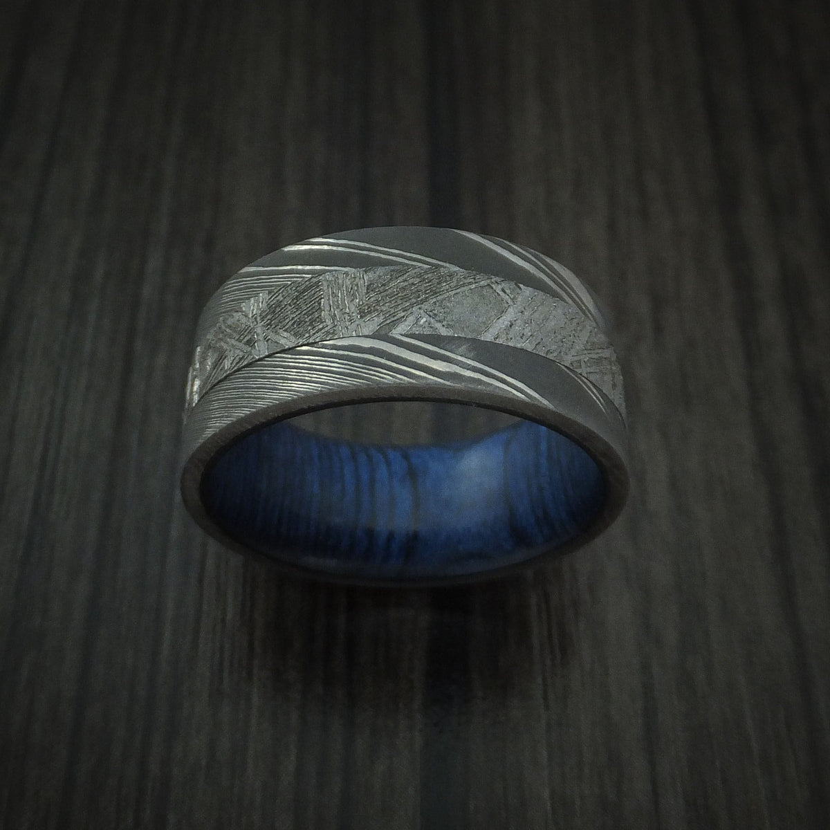 Echelon IX - Damascus Steel Men's Wedding Ring with Gibeon Meteorite and Hardwood Sleeve Band - view 2 - Nura Lab