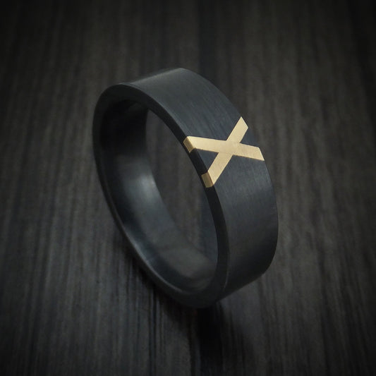 Noble XVII - Black Zirconium Men's Wedding Ring with X Shaped 14K Gold Inlay - Nura Lab