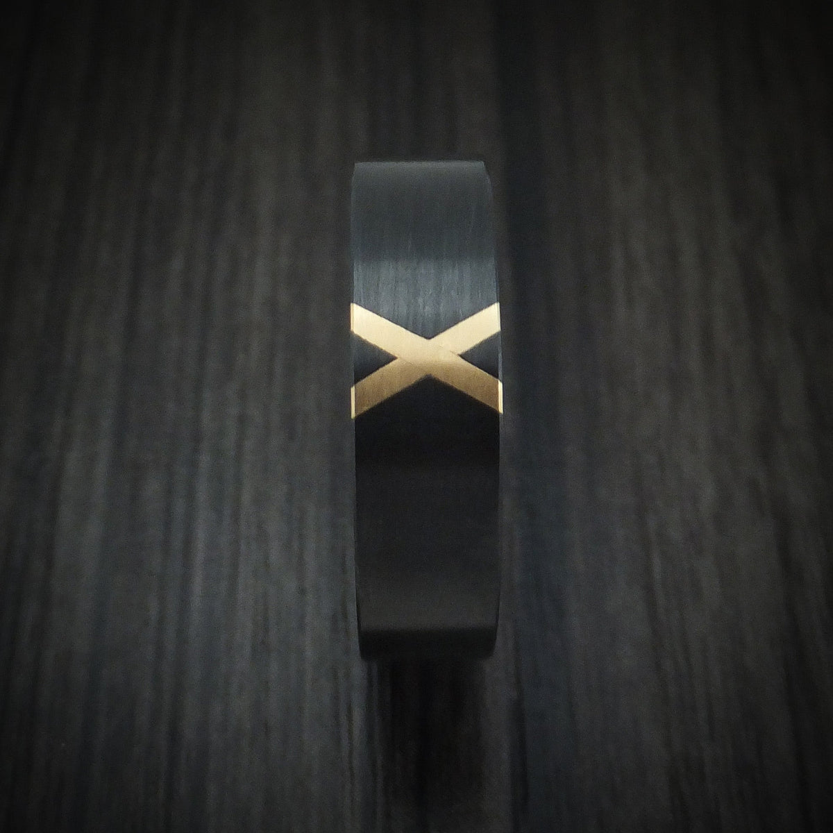 Noble XVII - Black Zirconium Men's Wedding Ring with X Shaped 14K Gold Inlay - view 3 - Nura Lab