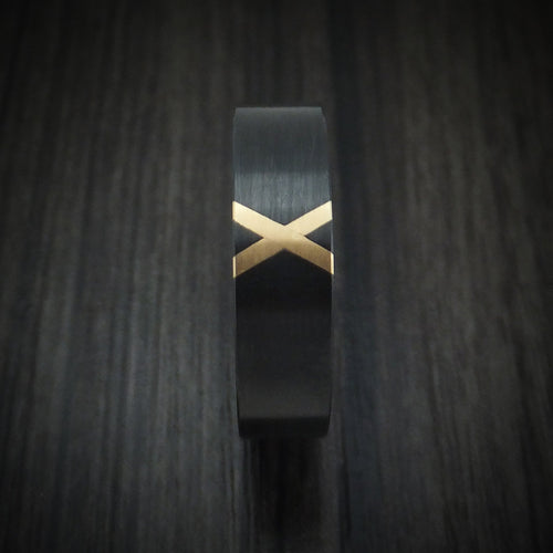 Noble XVII - Black Zirconium Men's Wedding Ring with X Shaped 14K Gold Inlay - view 3 - Nura Lab