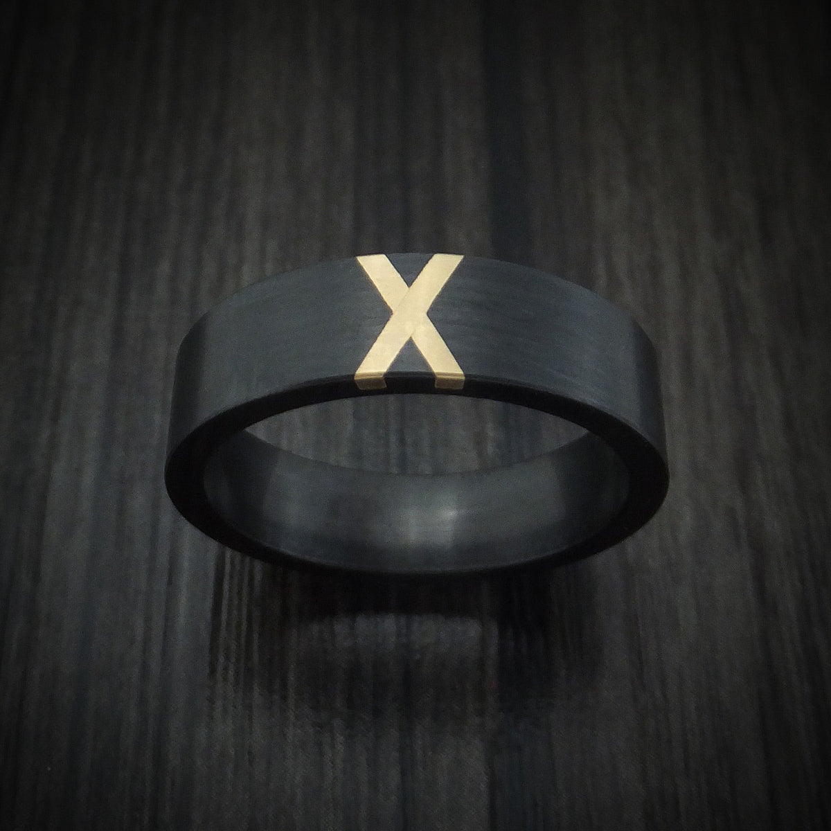 Noble XVII - Black Zirconium Men's Wedding Ring with X Shaped 14K Gold Inlay - view 2 - Nura Lab