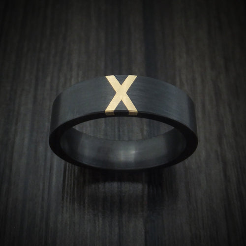 Noble XVII - Black Zirconium Men's Wedding Ring with X Shaped 14K Gold Inlay - view 2 - Nura Lab