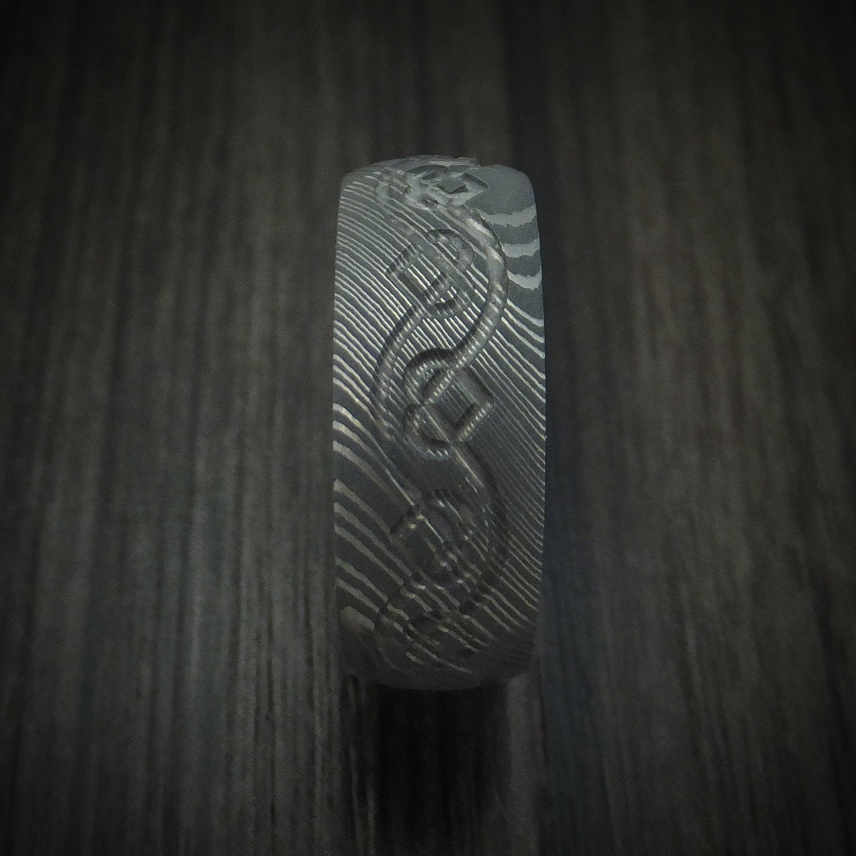 Harbour IX - Damascus Steel Men's Wedding Ring with Milled Celtic Heart Design and Interior Hardwood Sleeve Band - view 3 - Nura Lab