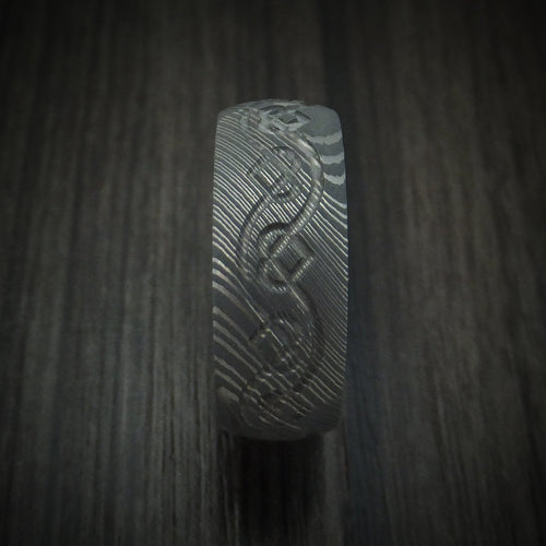 Harbour IX - Damascus Steel Men's Wedding Ring with Milled Celtic Heart Design and Interior Hardwood Sleeve Band - view 3 - Nura Lab