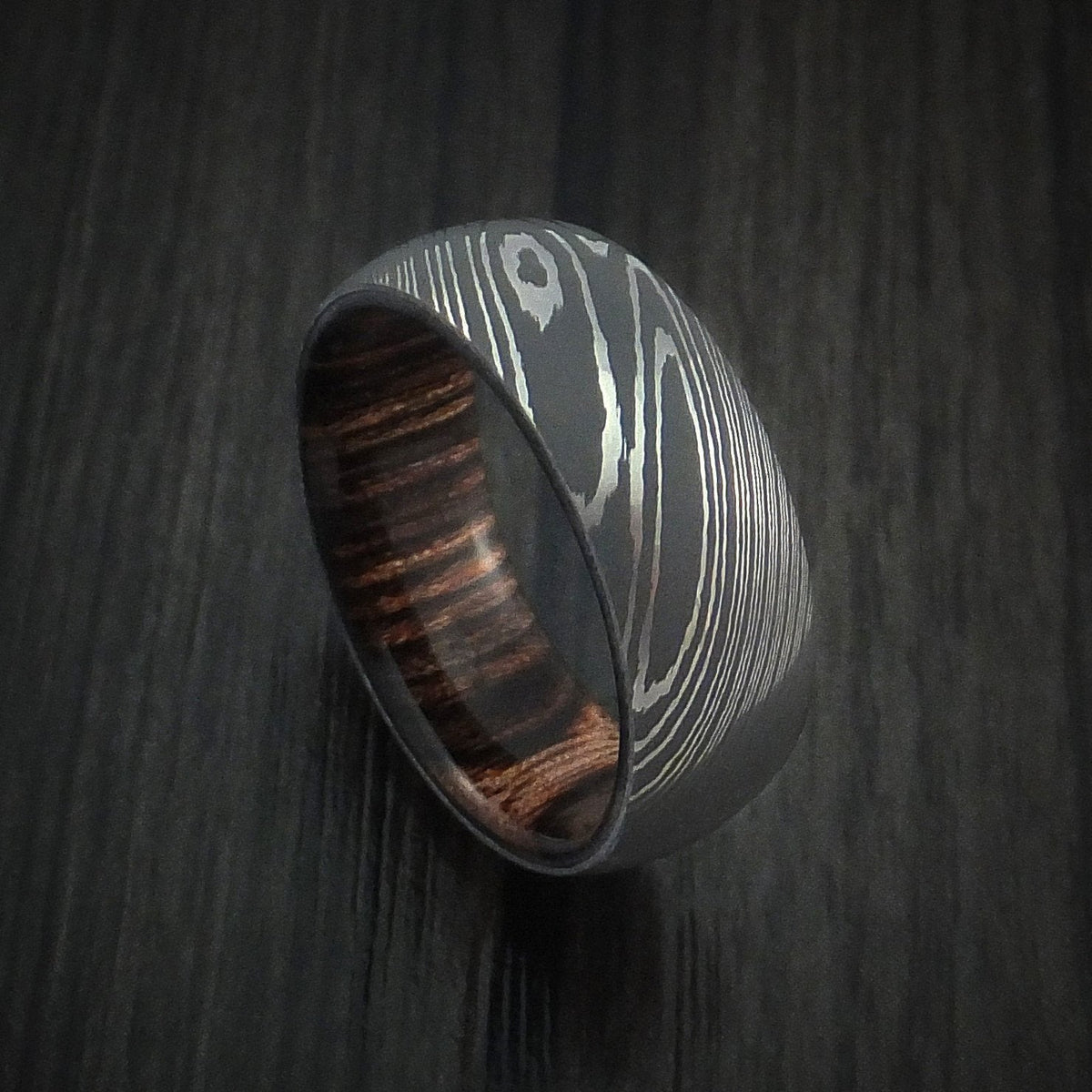 Dominion VIII - Damascus Steel Men's Wedding Ring with Hardwood Interior Sleeve - Nura Lab