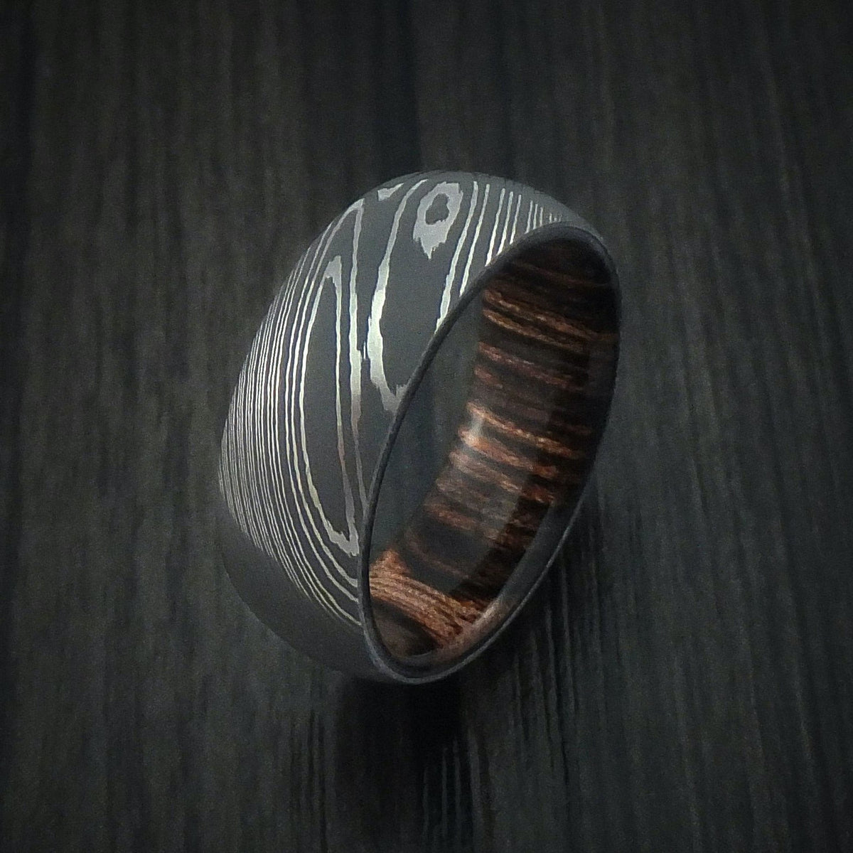 Dominion VIII - Damascus Steel Men's Wedding Ring with Hardwood Interior Sleeve - view 4 - Nura Lab