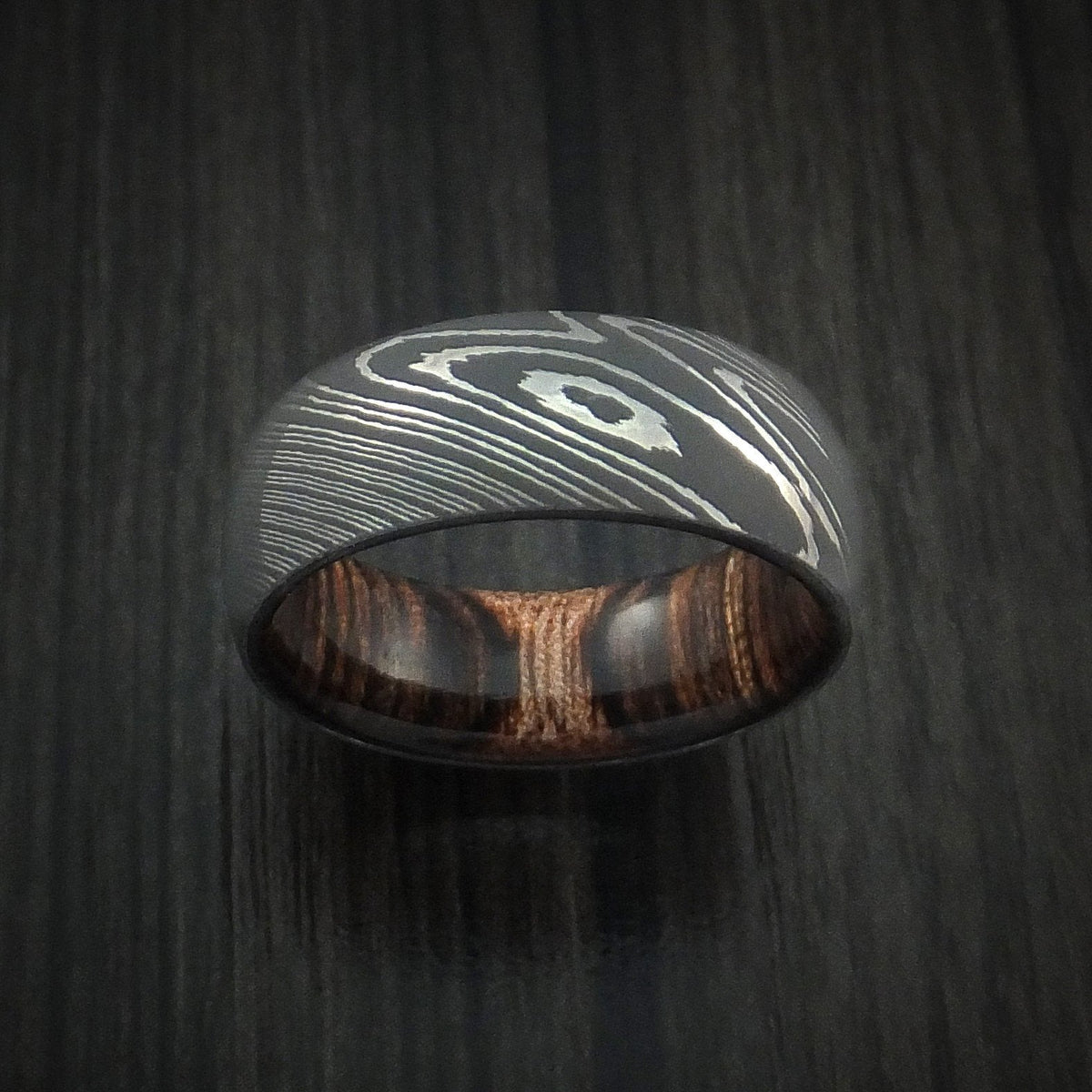 Dominion VIII - Damascus Steel Men's Wedding Ring with Hardwood Interior Sleeve - view 2 - Nura Lab