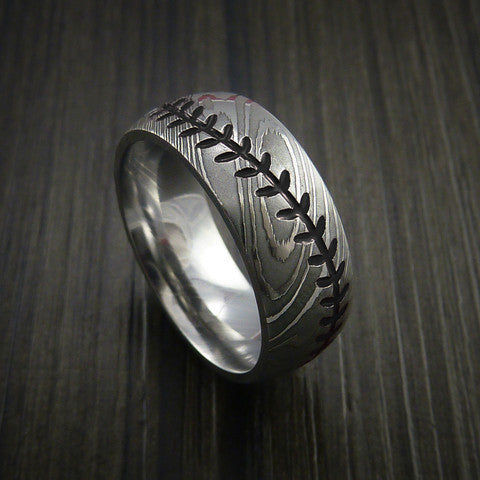 Endeavour XI - Damascus Steel Baseball Men's Wedding Ring with Polish Finish - Nura Lab