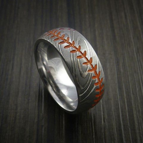 Fortress XI - Damascus Steel Baseball Wedding Ring with Dull Polish Finish - view 6 - Nura Lab