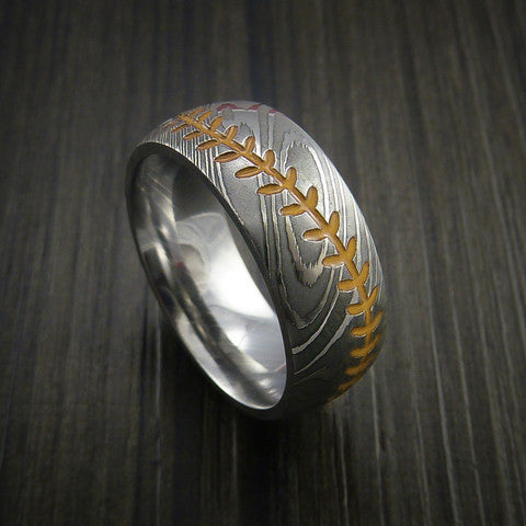 Fortress XI - Damascus Steel Baseball Wedding Ring with Dull Polish Finish - view 5 - Nura Lab