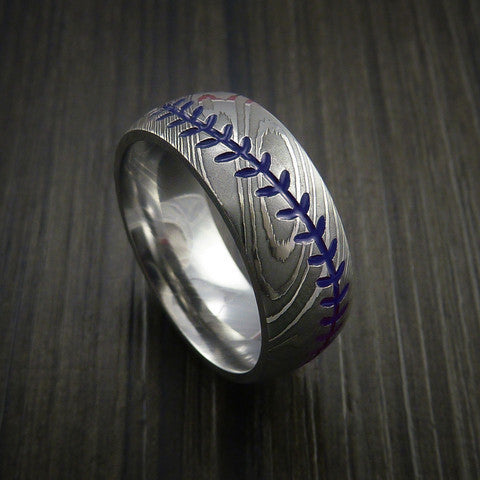 Fortress XI - Damascus Steel Baseball Wedding Ring with Dull Polish Finish - view 4 - Nura Lab