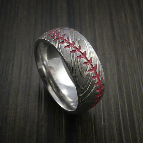 Endeavour XI - Damascus Steel Baseball Men's Wedding Ring with Polish Finish - view 3 - Nura Lab