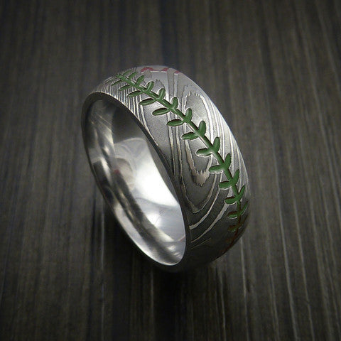 Endeavour XI - Damascus Steel Baseball Men's Wedding Ring with Polish Finish - view 6 - Nura Lab