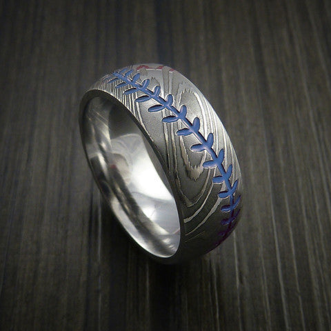 Endeavour XI - Damascus Steel Baseball Men's Wedding Ring with Polish Finish - view 7 - Nura Lab