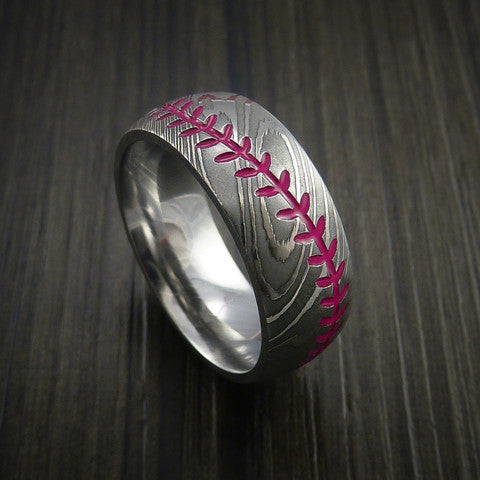 Endeavour XI - Damascus Steel Baseball Men's Wedding Ring with Polish Finish - view 11 - Nura Lab