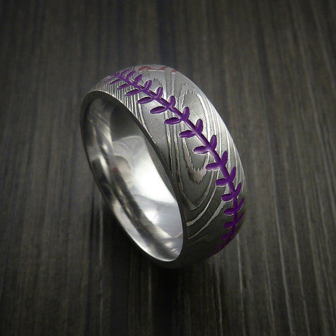 Endeavour XI - Damascus Steel Baseball Men's Wedding Ring with Polish Finish - view 10 - Nura Lab