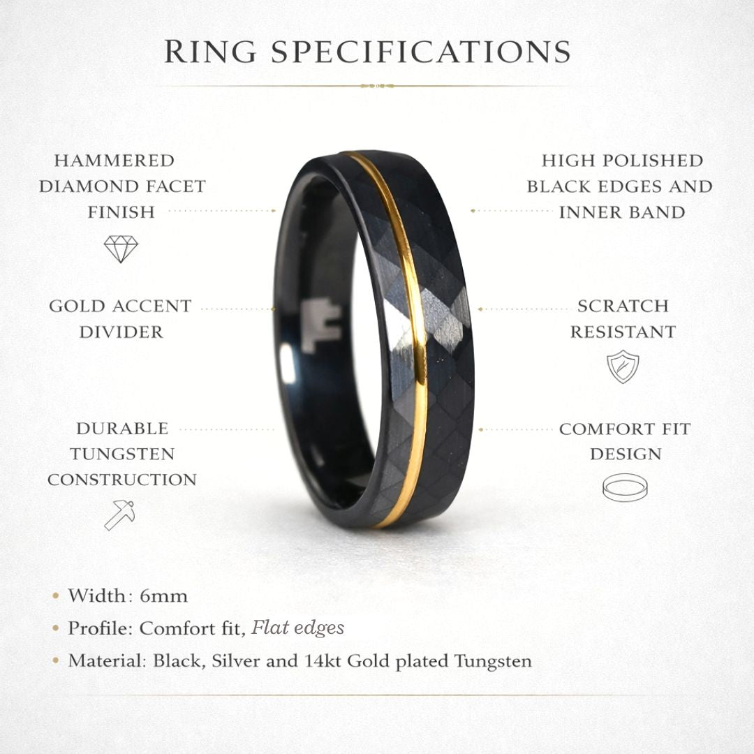 Echelon - Hammered 6mm Tungsten Wedding Ring Black and Silver Brushed with Gold Accent - view 6 - Nura Lab