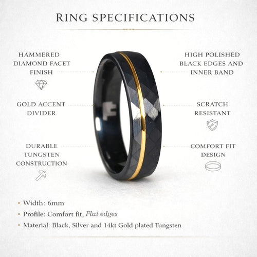 Echelon - Hammered 6mm Tungsten Wedding Ring Black and Silver Brushed with Gold Accent - view 6 - Nura Lab