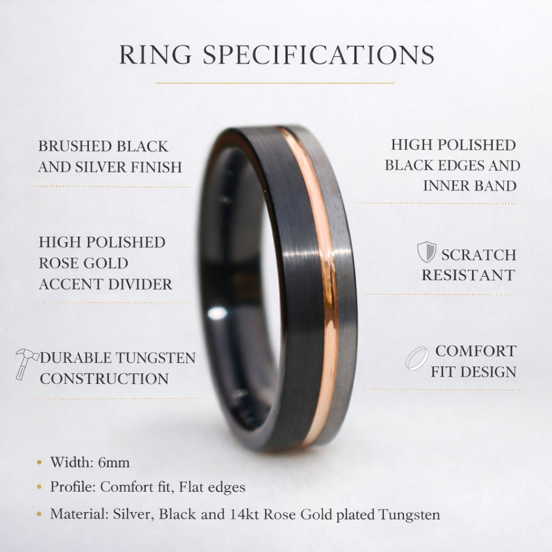 Stonehaven II - Tungsten 6mm Wedding Ring Black and Silver Brushed with Rose Gold Accent - view 8 - Nura Lab