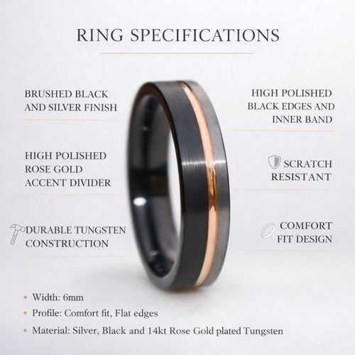 Stonehaven II - Tungsten 6mm Wedding Ring Black and Silver Brushed with Rose Gold Accent - view 8 - Nura Lab