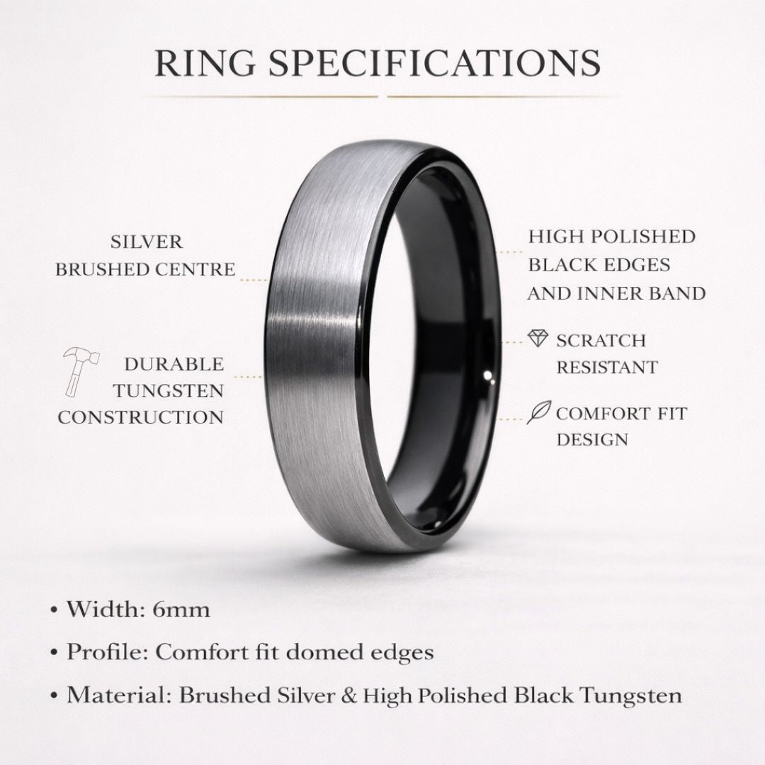 Stronghold II - Tungsten 6mm Wedding Ring Brushed Silver with Black Comfort fit band - view 8 - Nura Lab