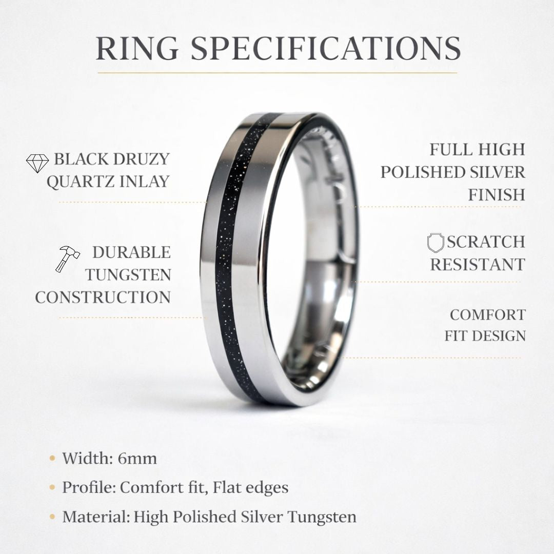 Kingsguard - Tungsten 6mm Ring Black Druzy Quartz Wedding Ring - view 8 - Nura Lab