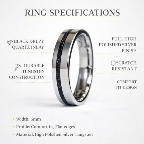 Kingsguard - Tungsten 6mm Ring Black Druzy Quartz Wedding Ring - view 8 - Nura Lab
