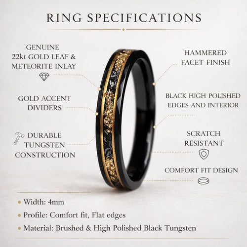 Resolute - Hammered 4mm Black Tungsten Wedding Ring with 22K Gold Leaf and Meteorite Inlay - view 8 - Nura Lab