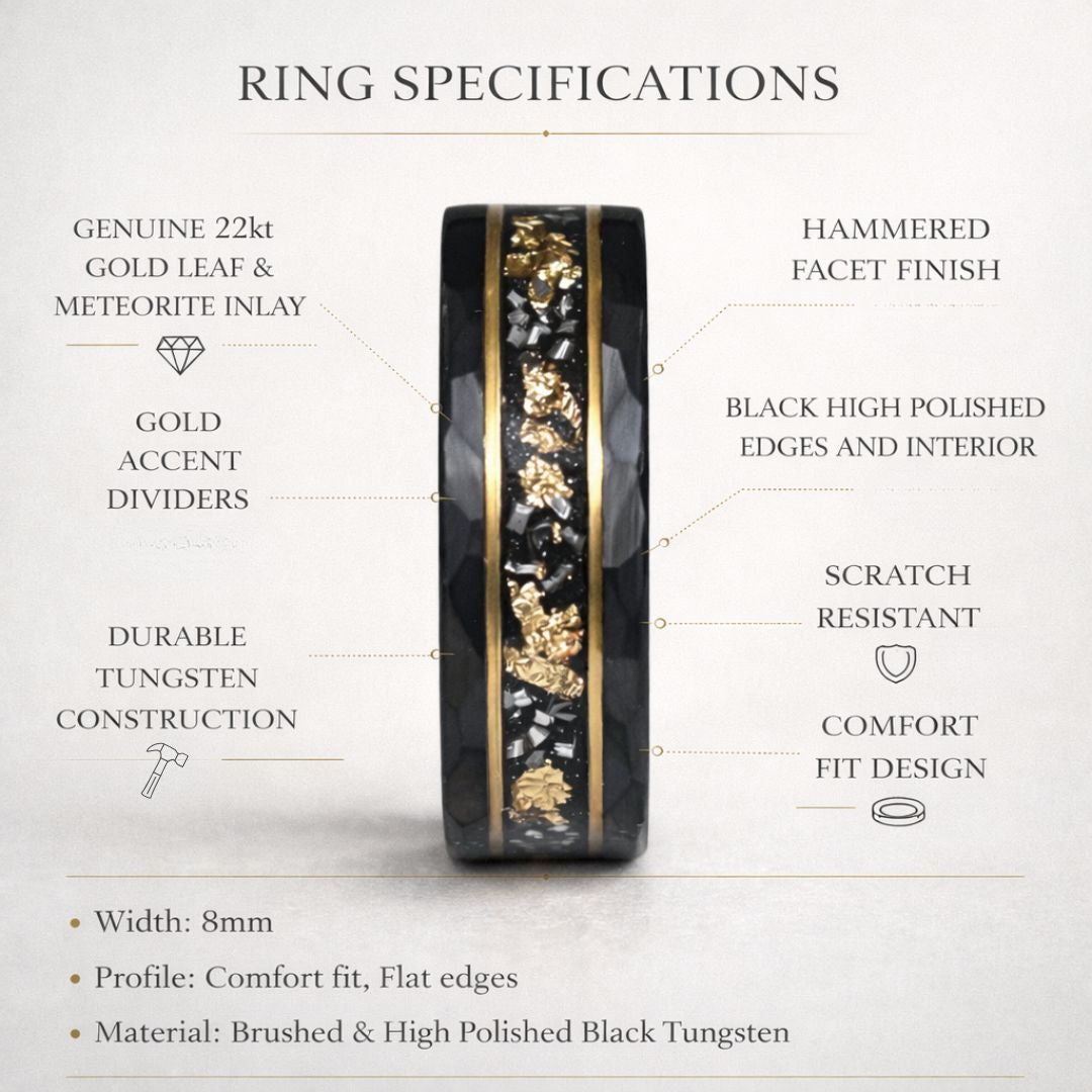 Evernorth - Hammered 8mm Black Tungsten Wedding Ring with 22K Gold Leaf and Meteorite Inlay - view 8 - Nura Lab