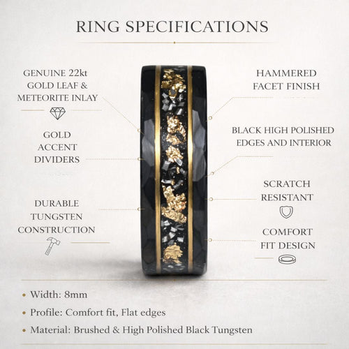 Evernorth - Hammered 8mm Black Tungsten Wedding Ring with 22K Gold Leaf and Meteorite Inlay - view 8 - Nura Lab