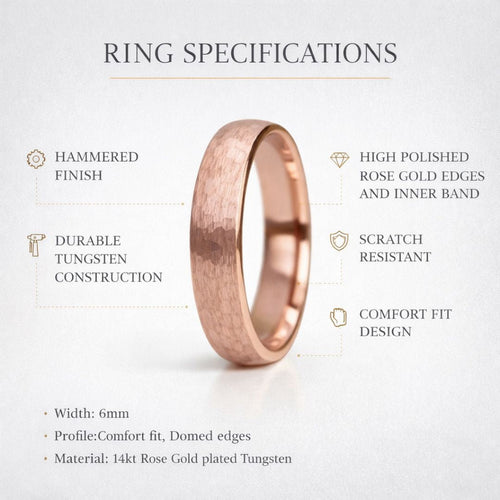 Evernorth II - Tungsten 6mm Wedding Ring Hammered Rose Gold with Comfort fit band - view 8 - Nura Lab