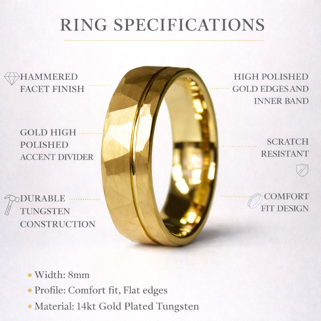 Northwind - Hammered Tungsten Wedding Ring 8mm Gold Brushed with Polished Gold Accent - view 8 - Nura Lab
