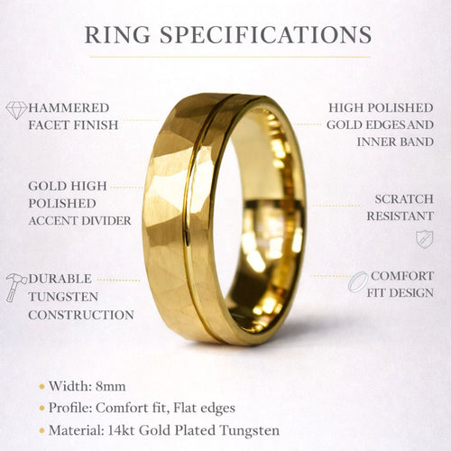 Northwind - Hammered Tungsten Wedding Ring 8mm Gold Brushed with Polished Gold Accent - view 8 - Nura Lab