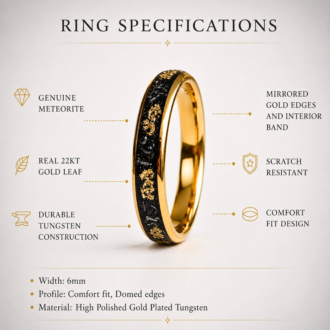 Dominion - Tungsten 6mm Gold Wedding Ring with Meteorite & Gold Leaf Inlay - view 7 - Nura Lab