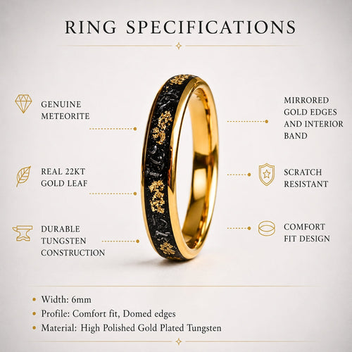 Dominion - Tungsten 6mm Gold Wedding Ring with Meteorite & Gold Leaf Inlay - view 7 - Nura Lab