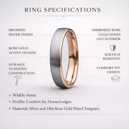 Northwind II - Tungsten 6mm Wedding Ring Brushed Silver with Rose Gold Comfort fit band - view 9 - Nura Lab