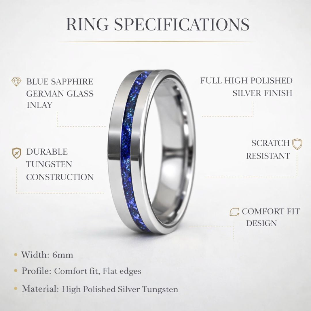 Stronghold - Tungsten 6mm Ring Blue Sapphire German Glass Wedding Ring - view 7 - Nura Lab
