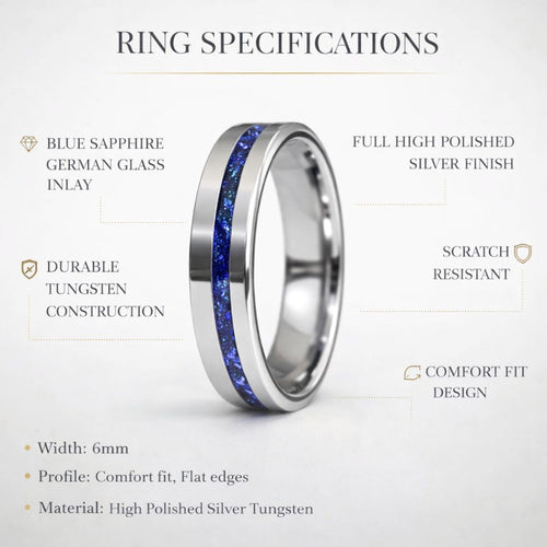 Stronghold - Tungsten 6mm Ring Blue Sapphire German Glass Wedding Ring - view 7 - Nura Lab