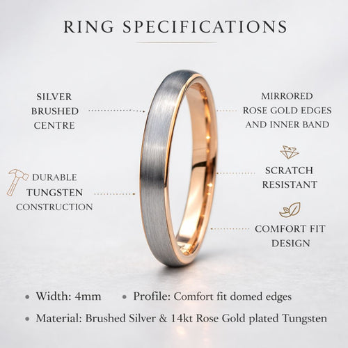 Dominion II - Tungsten Wedding Ring 4mm Brushed Silver with Rose Gold Comfort fit band - view 8 - Nura Lab